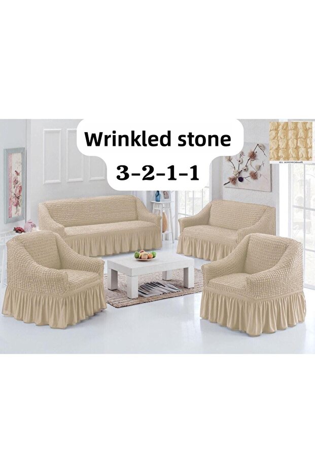 Bürümcük Cotton (3-2-1-1) Sofa Sofa Cover Set with Skirt (Stone Color)