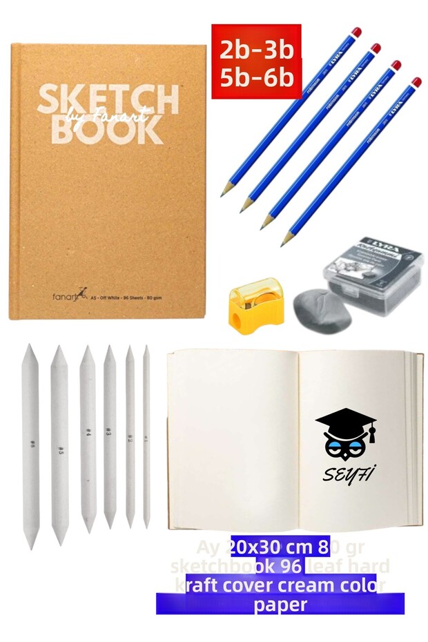 A4 20x30 cm 80 gr sketchbook 96 leaf hard kraft cover cream color paper charcoal set