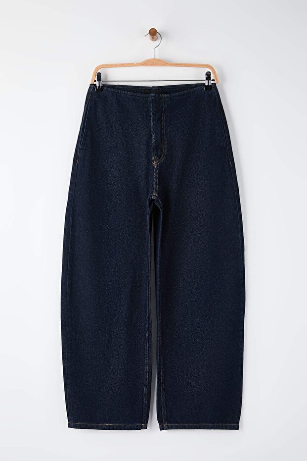 Trendyol Studio Collection Koyu Mavi Bel Detaylı Yüksek Bel Baggy Jeans TWOAW26JE00243 - 4