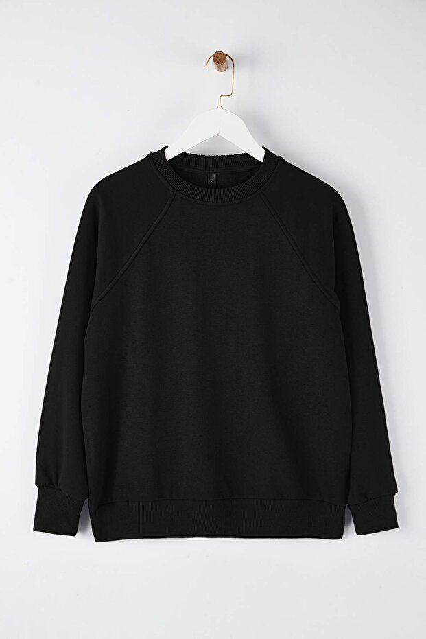 Siyah Relaxed/Rahat Kalıp Basic Reglan Kol Bisiklet Yaka Örme Sweatshirt TWOAW26SW00030 - 6