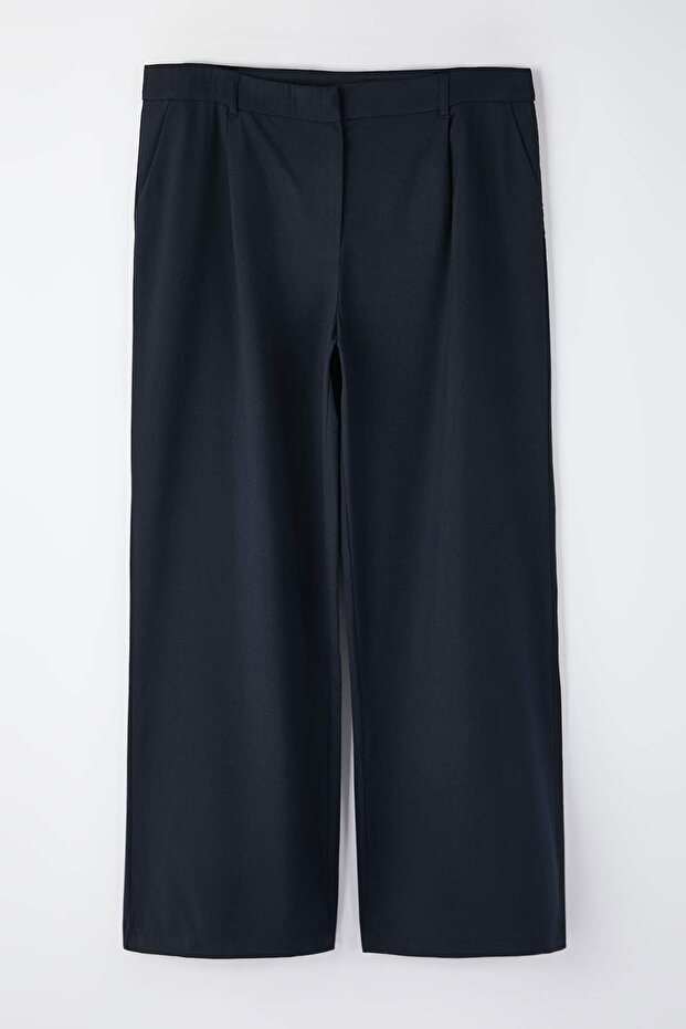 Lacivert Lastik Belli Wide Leg Büyük Beden Dokuma Pantolon TBBAW26AR00019 - 5
