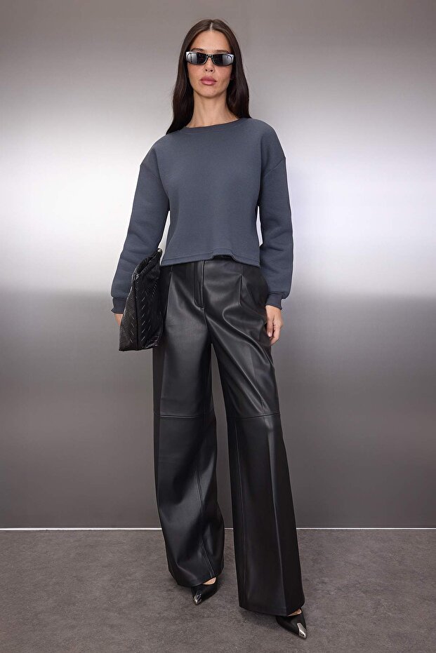 Antrasit Kalın İçi Polarlı Bisiklet Yaka Crop Örme Sweatshirt TWOAW26SW00093 - 2