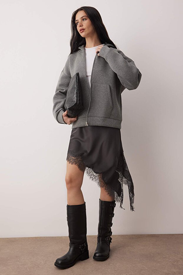 Wardrobe Essentials – Antrasit Melanj Oversize Kapüşonlu Örme Sweatshirt |TWOAW26SW00018 - 2