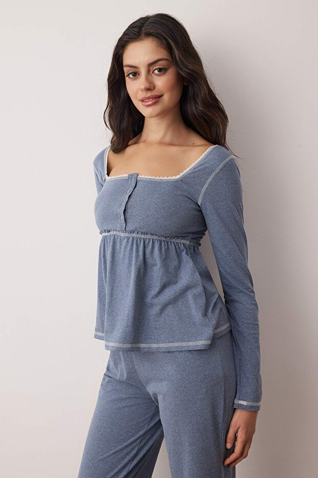 Mavi Pamuklu Dantel Detaylı Örme Pijama Takımı THMAW26PT00084 - 1