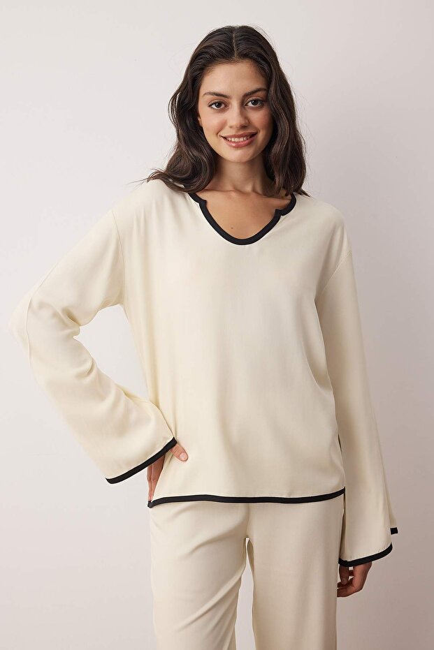 Ekru Viskon Dokuma Pijama Takımı THMAW26PT00226 - 1