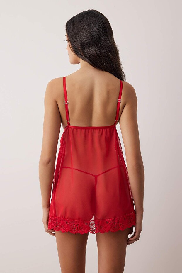 Kırmızı Tül Kurdele/Fiyonk ve Dantel Detaylı Kapsız Külotlu Babydoll/Fantezi Gecelik THMAW26LL00007 - 4