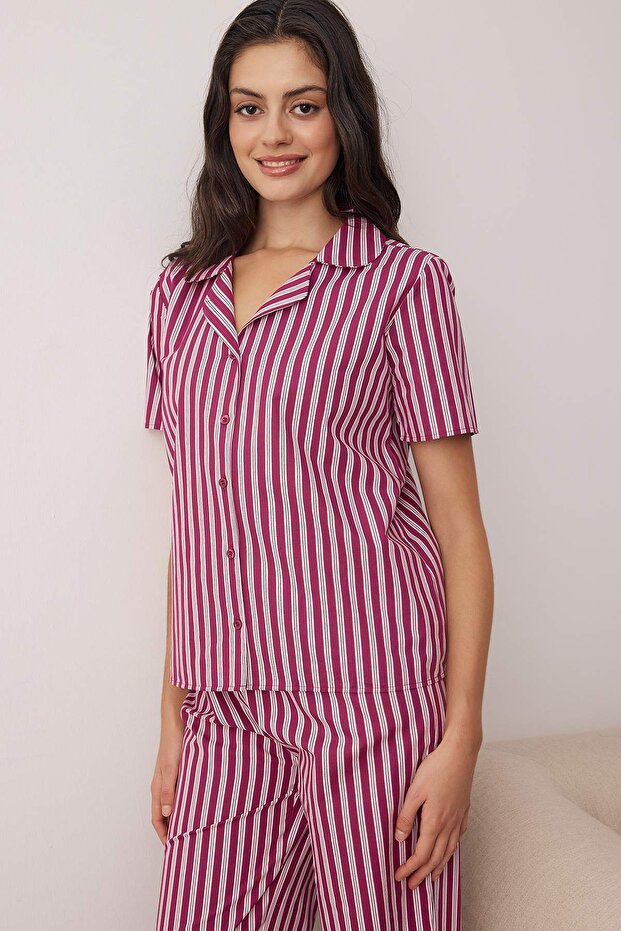 Çok Renkli %100 Pamuklu Çizgili Poplin Dokuma Pijama Takımı THMAW26PT00197 - 1