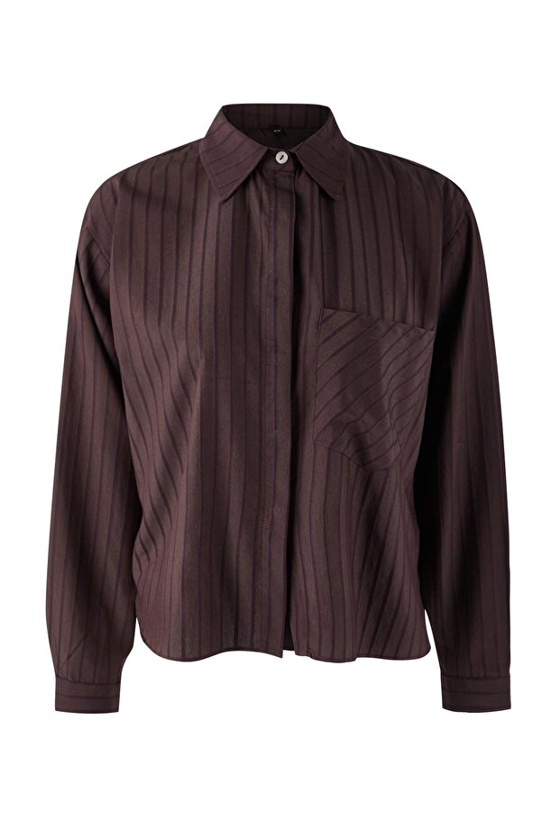 Kahverengi Çizgili Oversize Dokuma Gömlek TWOAW26GO00138 - 9