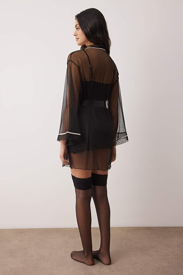 Siyah 2'li Kapsız Saten ve Tül Babydoll/Fantezi Gecelik+Sabahlık THMAW26LL00009 - 5