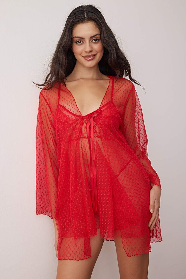 Kırmızı 3'lü Puantiyeli Külotlu Tül Kapsız Babydoll/Fantezi Gecelik+Sabahlık THMAW26LL00017 - 3