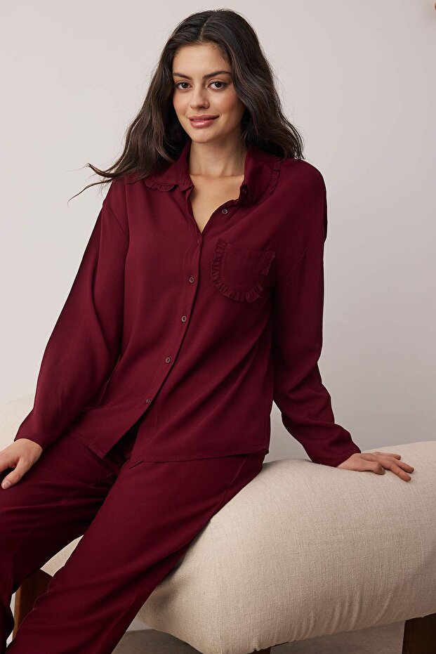 Mürdüm Fırfırlı Cep Detaylı Viskon Dokuma Pijama Takımı THMAW25PT00146 - 2