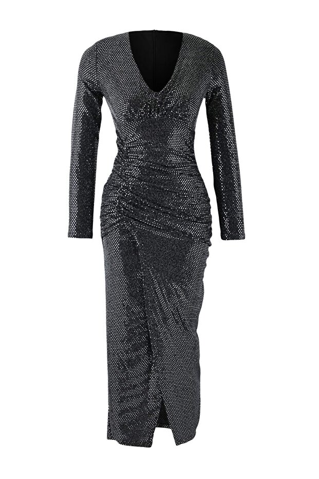 Gri Vücuda Oturan Payet Midi Astarsız Party Elbise TPRAW26EL00123 - 5