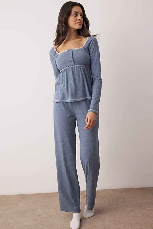 Mavi Pamuklu Dantel Detaylı Örme Pijama Takımı THMAW26PT00084 - 2