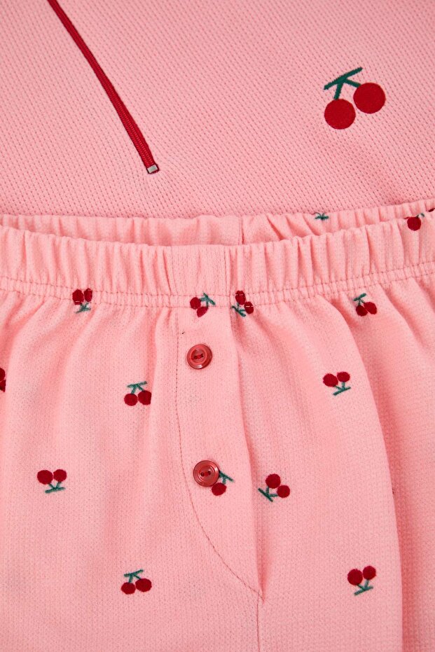 Pembe Baskılı Fermuarlı Yumuşak Tuşeli Waffle Örme Pijama Takımı TBBAW26AI00048 - 7