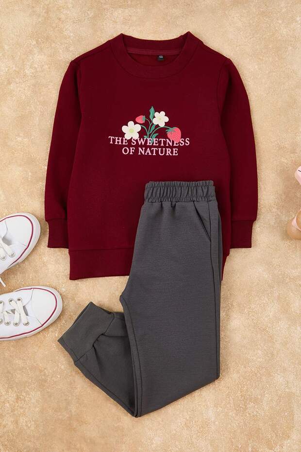 Bordo Pamuklu Çiçek Baskılı Kız Çocuk Örme Sweatshirt ve Eşofman Alt - Üst Takım TKDAW25AU00161 - 1