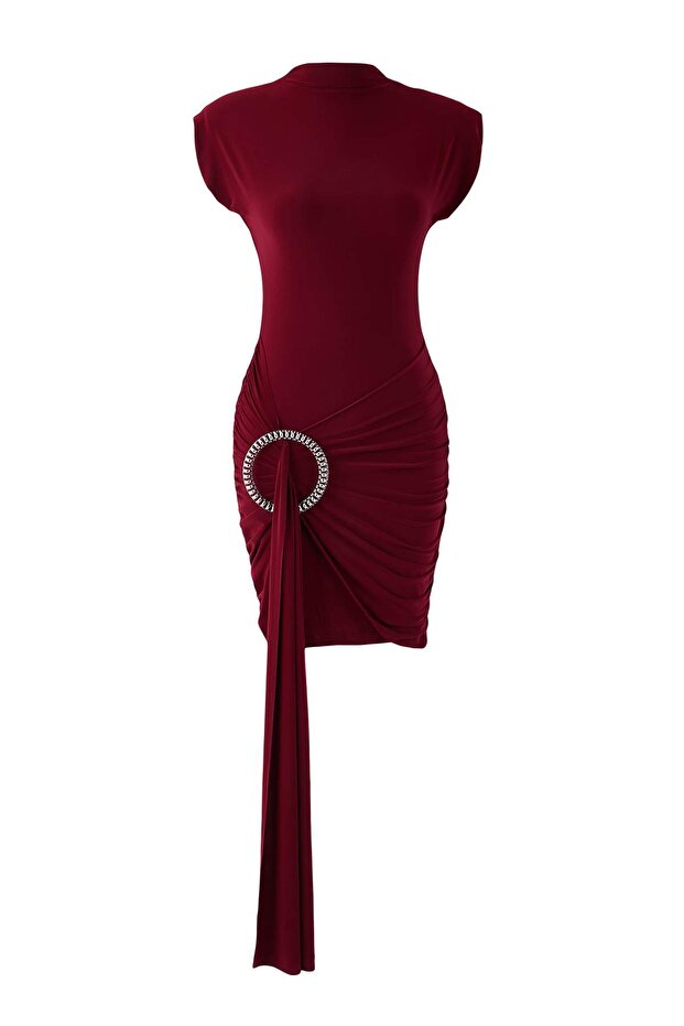 Bordo Özel Aksesuar Detaylı Örme Mini Astarsız Elbisesi TPRAW26EL00032 - 5