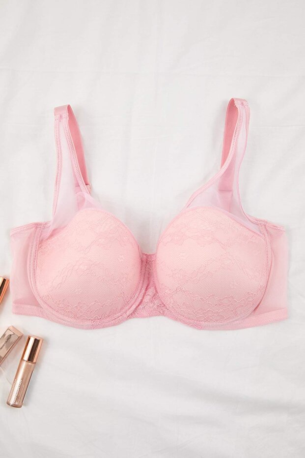 Pembe Dantelli Toparlayıcı Büyük Beden Sütyen TBBAW23CW00004 - 2