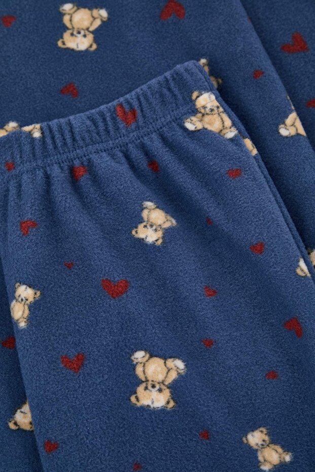Lacivert Ayıcık ve Kalp Desenli Kışlık Polar Örme Pijama Takımı THMAW26PT00150 - 6