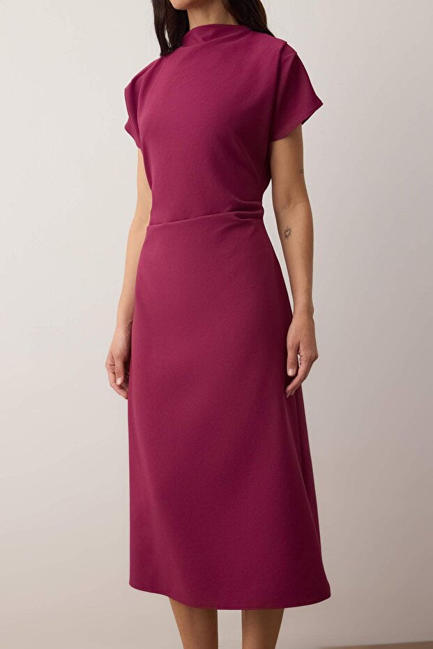 Koyu Mor Düz A Kesim Büzgü / Drape Midi Dokuma Elbise TWOAW25EL00393 - 3
