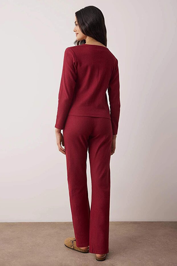 Bordo Pamuklu Hırka Fırçalı Yumuşak Tuşe Kışlık Fitilli Örme Pijama Takımı THMAW26PT00216 - 4