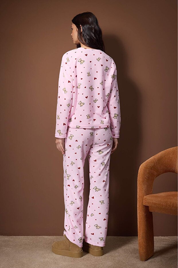 Pembe Ayıcık ve Kalp Desenli Kışlık Polar Örme Pijama Takımı THMAW26PT00150 - 4