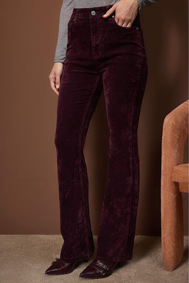 Bordo Süet Görünümlü Yüksek Bel Comfort/Esnek Flare Jeans TWOAW26JE00287 - 3