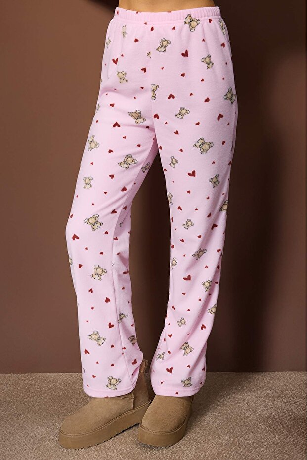 Pembe Ayıcık ve Kalp Desenli Kışlık Polar Örme Pijama Takımı THMAW26PT00150 - 3