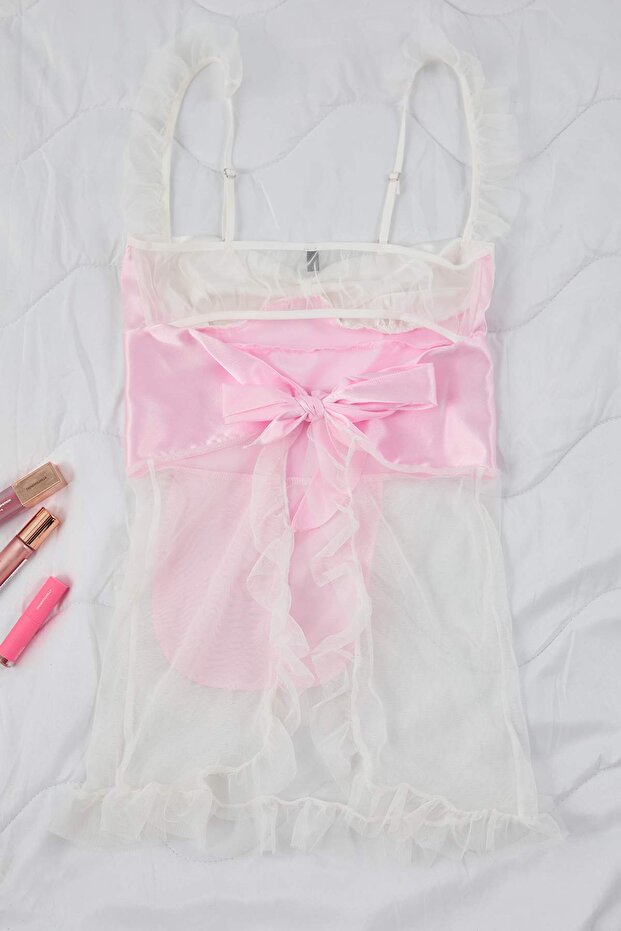 Beyaz-Pembe Tül Kapsız Babydoll/Fantezi Gecelik THMAW26LL00010 - 9