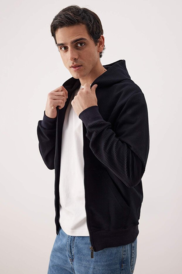 Lacivert Regular/Normal Kesim Fermuarlı Kapüşonlu Dokulu Sweatshirt TMNAW26SW00067 - 2