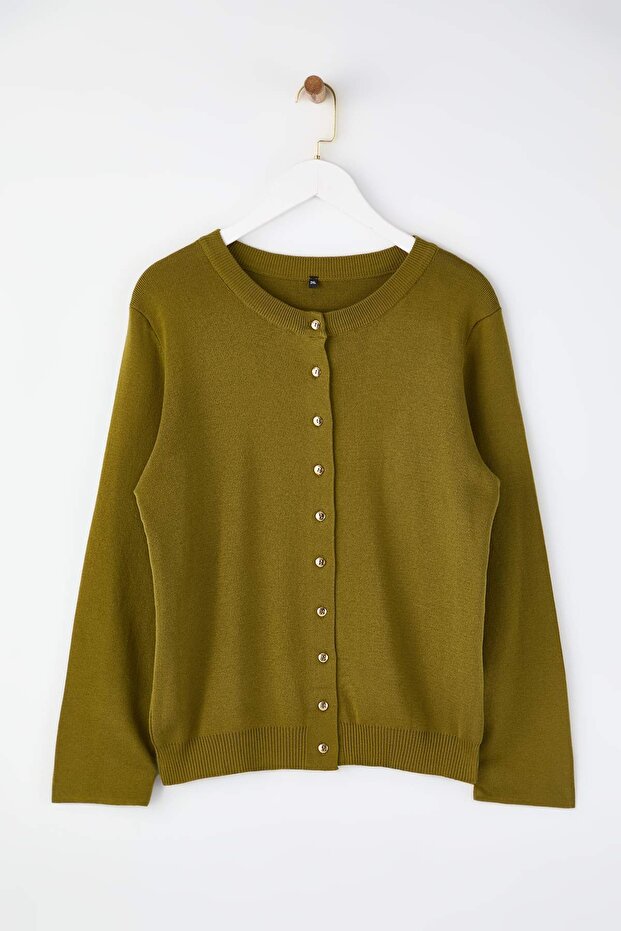 Wardrobe Essentials Yağ Yeşili Düğme Detaylı Pamuklu Basic Triko Hırka TBBAW26AV00042 - 5