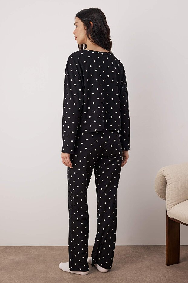 Siyah %100 Pamuklu Puantiye ve Kalpli Örme Pijama Takımı THMAW25PT00039 - 4