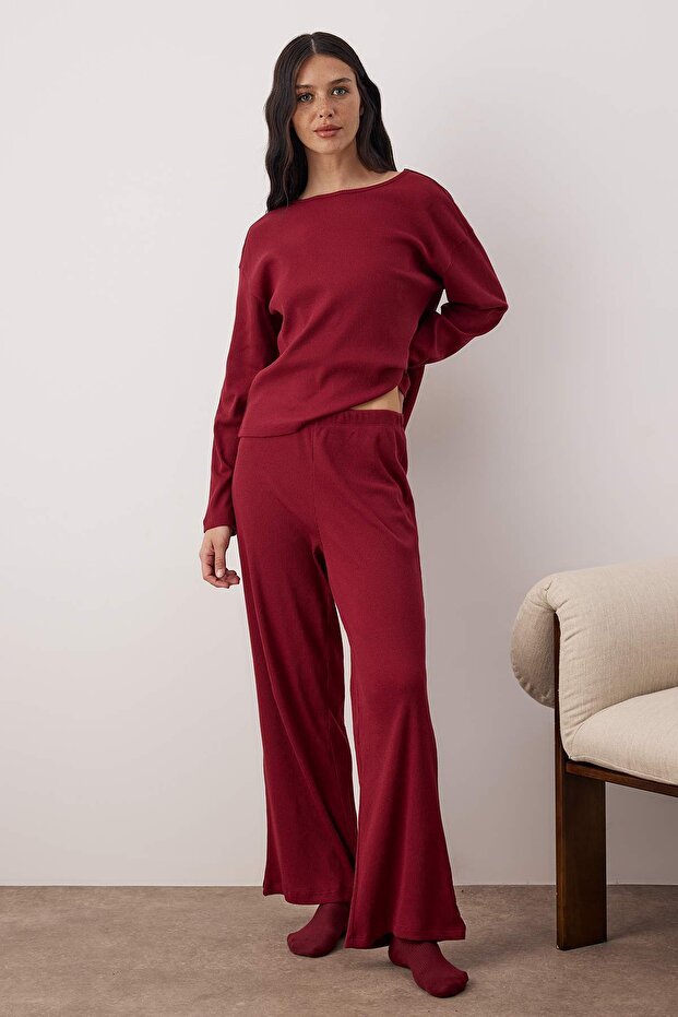 Bordo Fitilli Örme Pijama Takımı THMAW21PT0684 - 2