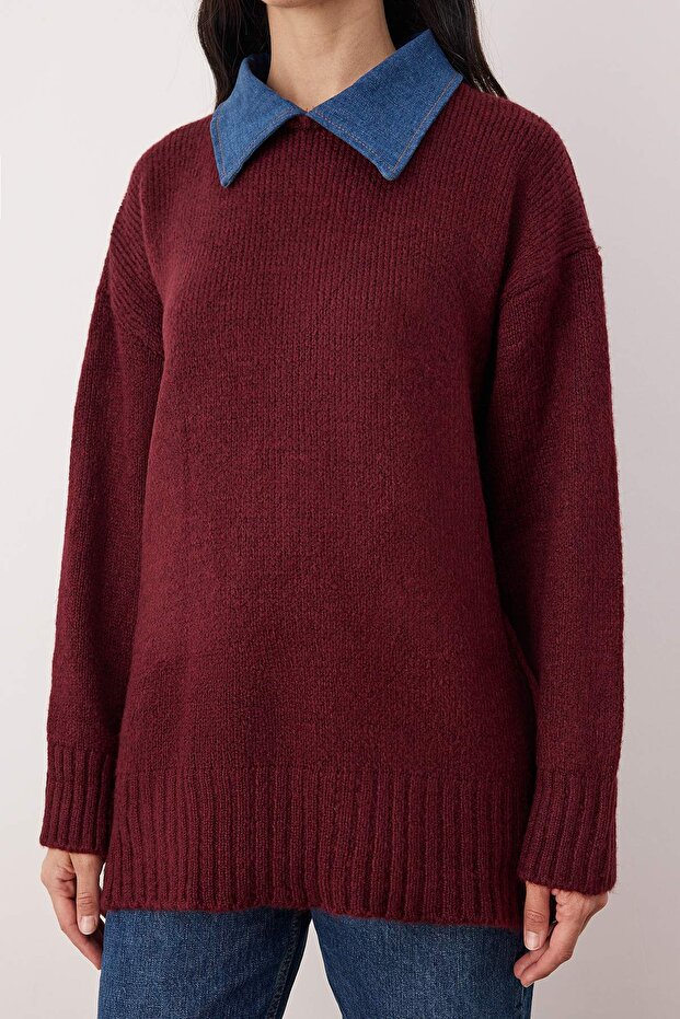 Bordo Denim Yaka Garnili Yumuşak Dokulu Triko Kazak TWOAW26KZ00278 - 3