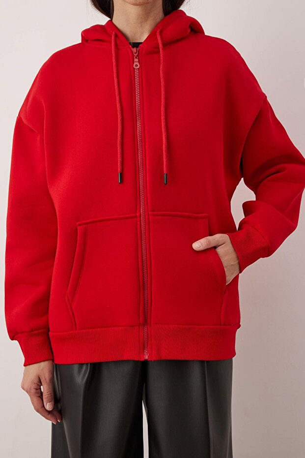 Kırmızı Oversize/Rahat Kesim Fermuarlı Kalın İçi Polarlı Örme Sweatshirt TWOAW24SW00188 - 3
