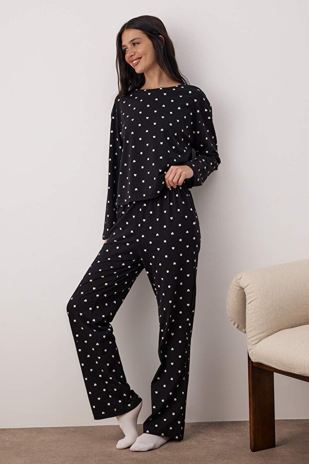 Siyah %100 Pamuklu Puantiye ve Kalpli Örme Pijama Takımı THMAW25PT00039 - 1