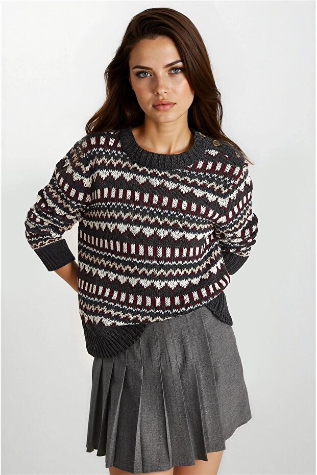 سترة تريكو بياقة مستديرة ونقشة على الكتف بلون أنثراسايت - 1