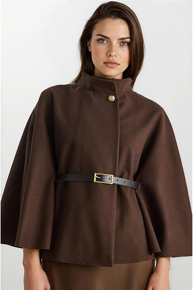 Brown Gold Button Detailed Belted Wool Blend Poncho