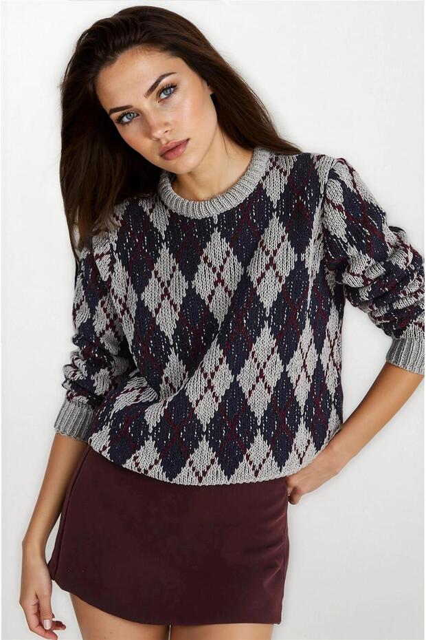 Gray Argyle Pattern Round Neck Long Sleeve Sweater