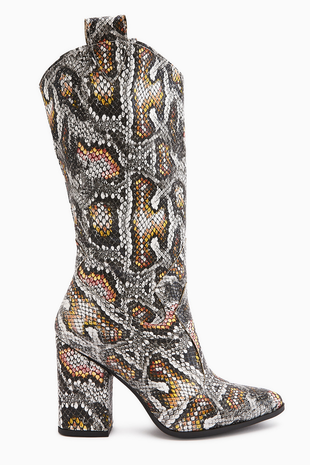 Leather Snake Print Asymmetrical Cut Heeled Short Women's Boots