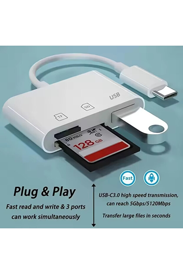 محول أبيض 3 في 1 من النوع C، Tf، Cf، Sd، قارئ بطاقات الذاكرة، مسجل، فلاش مدمج USB-C، احترافي - 2