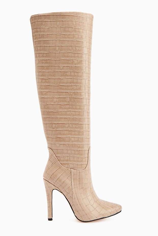 Nenya Beige Crocodile Print Pointed Toe Thin Heeled Women's Boots