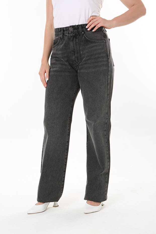 Women's Large Size Anthracite High Waist 5 Pocket Jeans 65N37745