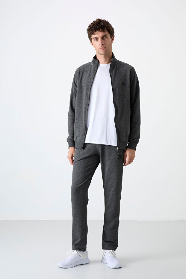 Anthracite Melange Stand Collar Zippered Comfortable Form Classic Leg Men's Tracksuit Set - 85072