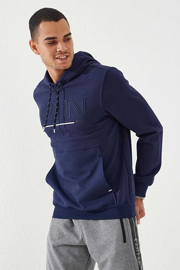 Indigo Text Embroidered Standard Fit Hooded Men's Sweatshirt - 87887