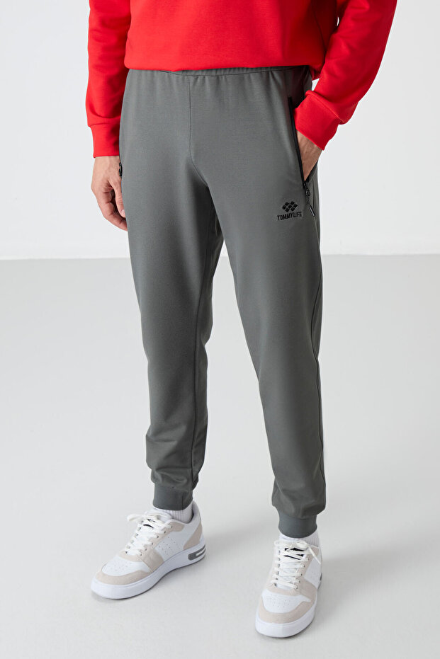 Khaki Zipper Pocket Standard Fit Jogger Men's Tracksuit Bottom - 84587