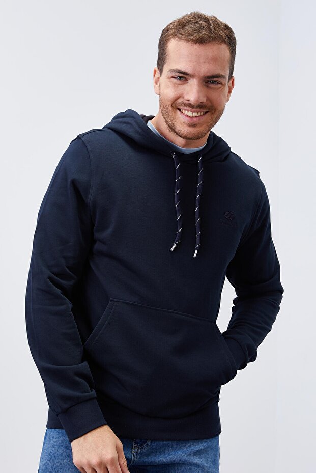 Navy Blue Kangaroo Standard Mold Hooded Men's Sweatshirt - 87872