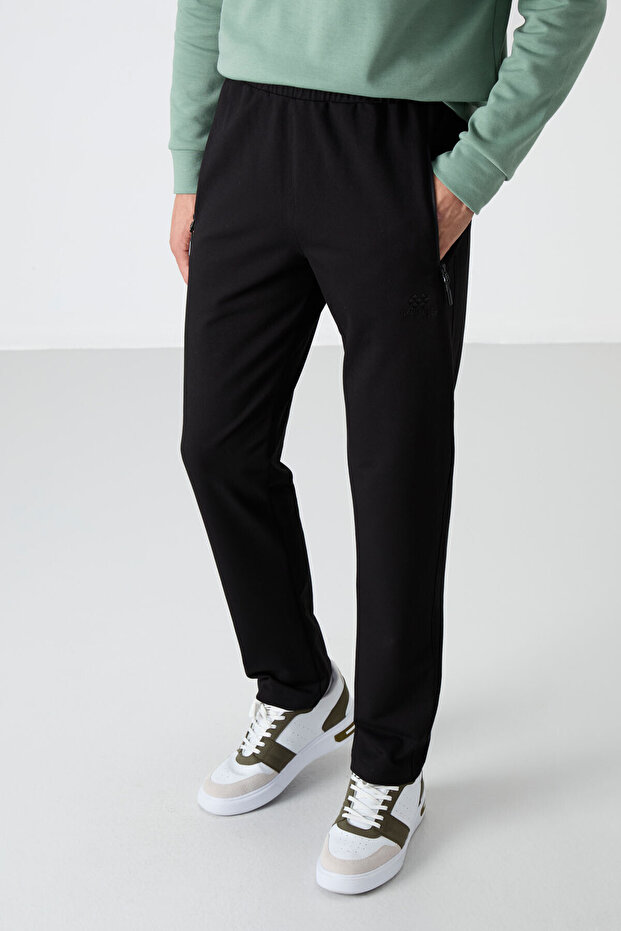 Black Zip-Up Three-Pocket Slim Fit Classic Leg Men's Tracksuit Bottom - 84671