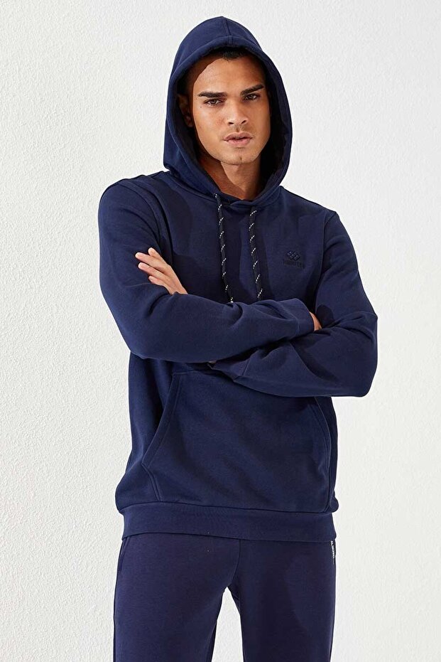 Indigo Kangaroo Pocket Standard Fit Hooded Men's Sweatshirt - 87872