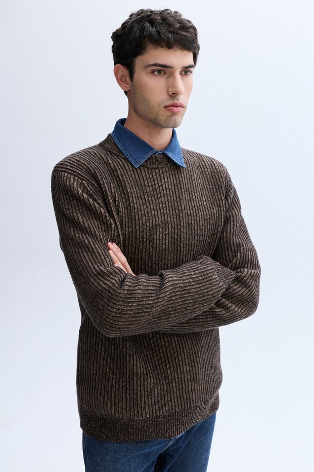 Men's Brown Striped Crew Neck Wool Sweater