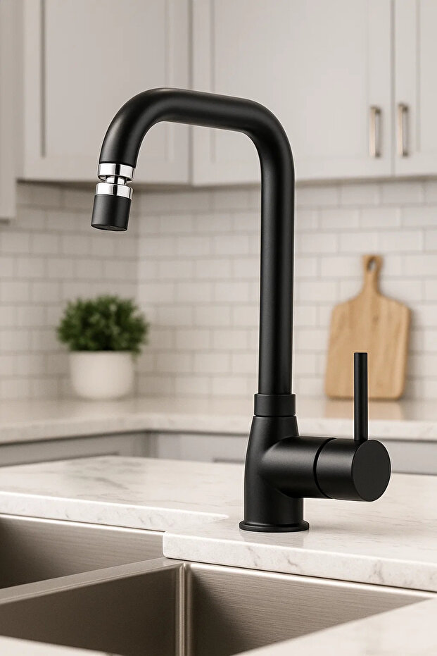 Black Kitchen Sink Faucet with 360 Degree Swivel Aerator, Dual Water Inlets, Brass Body